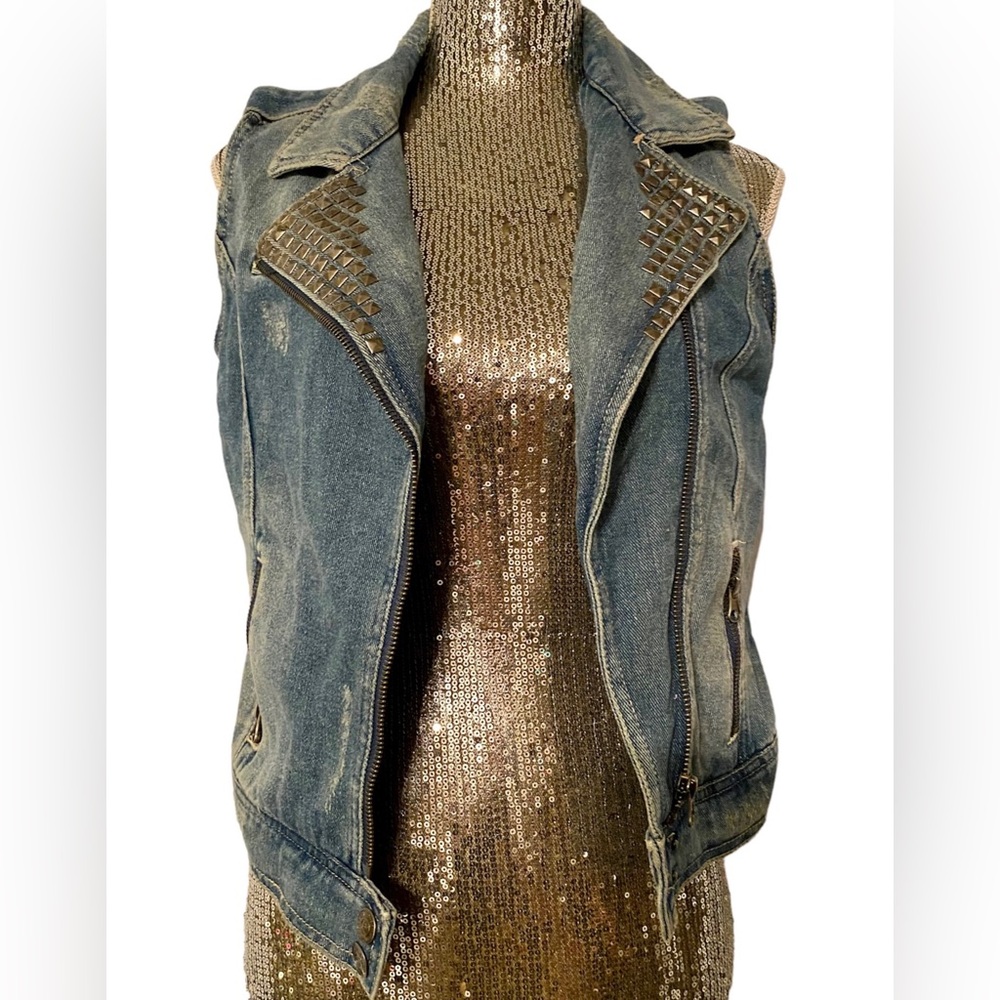 Dolled Up Denim Studded Front Zipper Jacket.